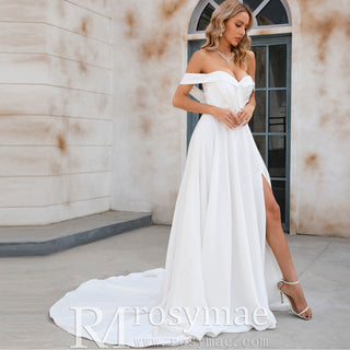Off the Shoulder Pleated Bodice A-line Wedding Dress with V-Neck and Slit - Rosymae
