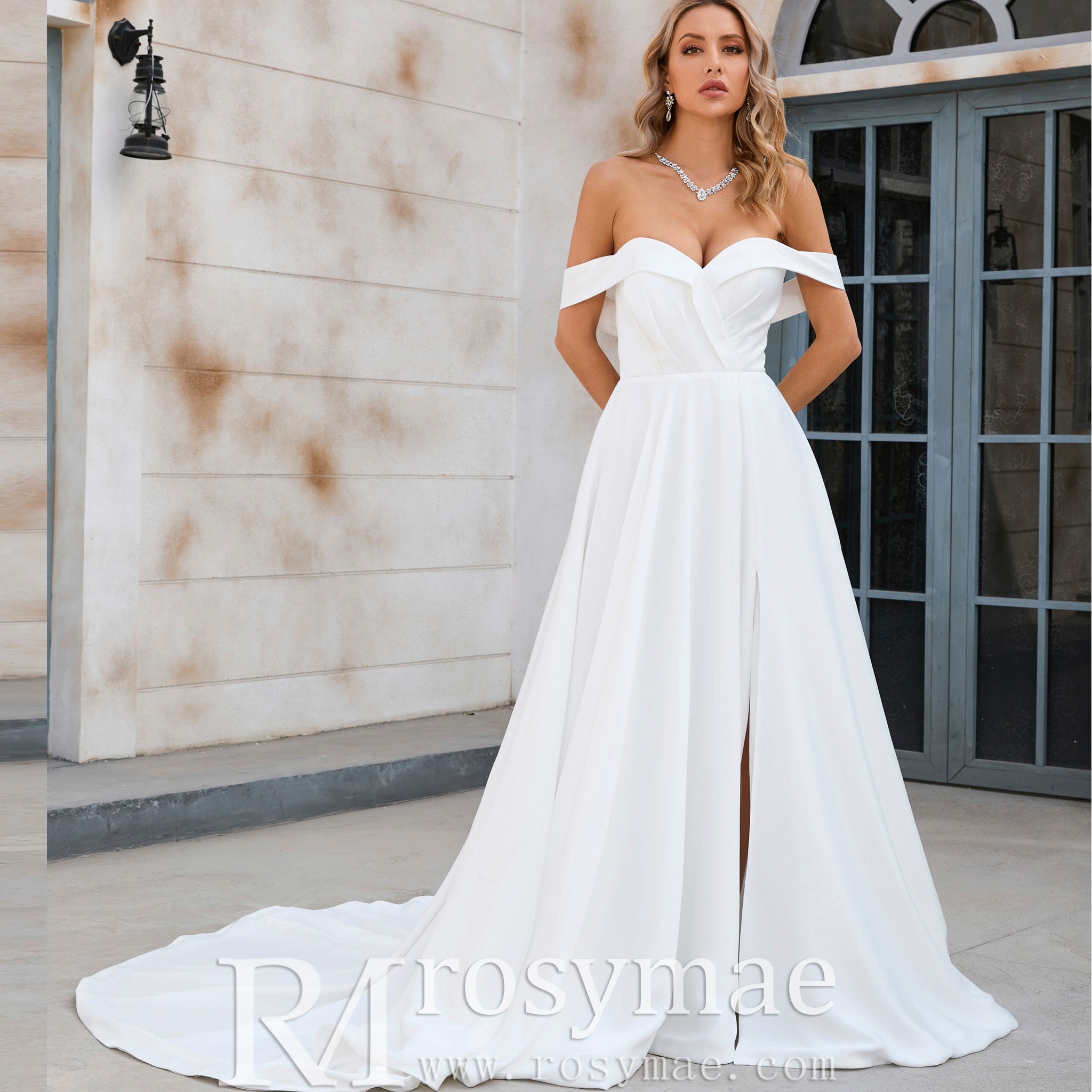 Off the Shoulder Pleated Bodice A-line Wedding Dress with V-Neck and Slit - Rosymae