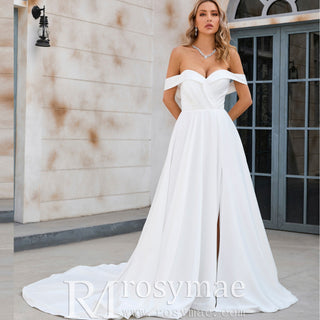 Off the Shoulder Pleated Bodice A-line Wedding Dress with V-Neck and Slit - Rosymae