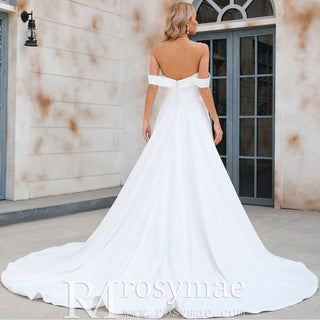 Off the Shoulder Pleated Bodice A-line Wedding Dress with V-Neck and Slit - Rosymae