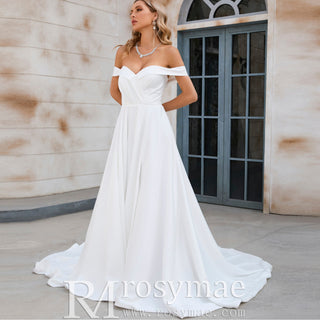 Off the Shoulder Pleated Bodice A-line Wedding Dress with V-Neck and Slit - Rosymae