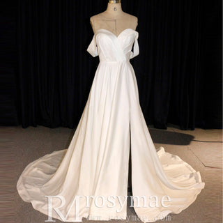 Off the Shoulder Pleated Bodice A-line Wedding Dress with V-Neck and Slit - Rosymae