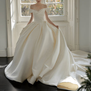 Off the Shoulder Satin Wedding Dresses Ball Gown with Sleeves