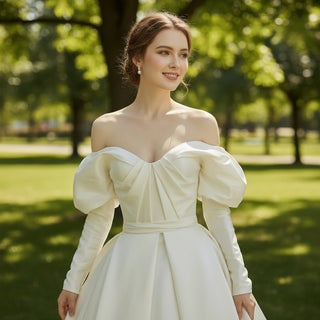 Off the Shoulder Puffy Long Sleeve Satin Wedding Dresses - Rosymae