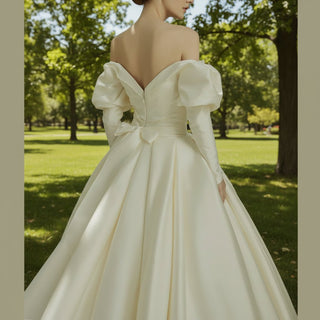Off the Shoulder Puffy Long Sleeve Satin Wedding Dresses - Rosymae