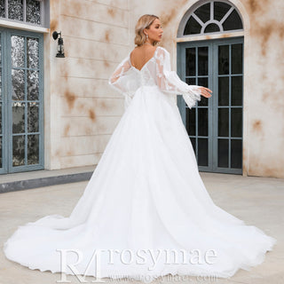 Off The Shoulder Puffy Long Sleeve Wedding Dress Bridal Gown - Rosymae