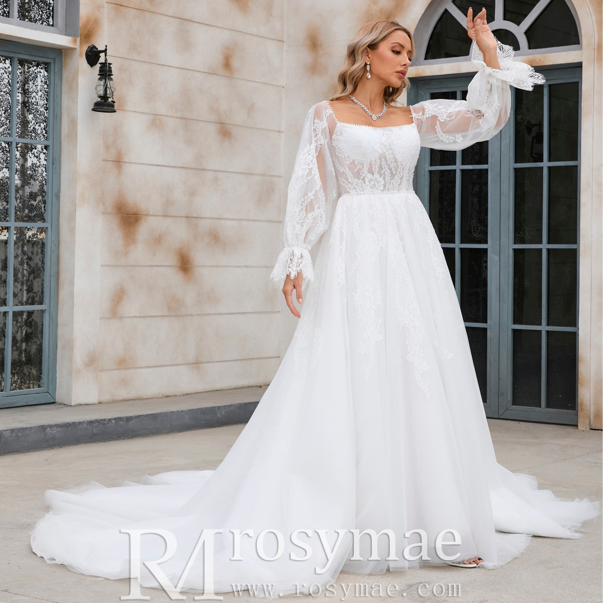Off The Shoulder Puffy Long Sleeve Wedding Dress Bridal Gown - Rosymae