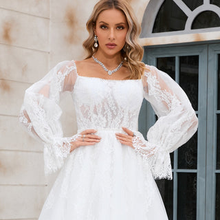 Off The Shoulder Puffy Long Sleeve Wedding Dress Bridal Gown - Rosymae