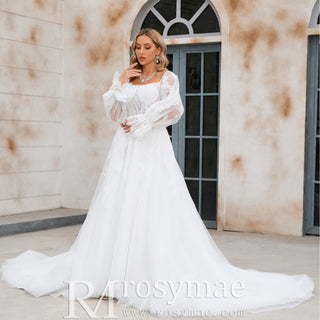 Off The Shoulder Puffy Long Sleeve Wedding Dress Bridal Gown - Rosymae