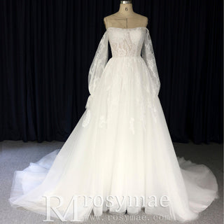 Off The Shoulder Puffy Long Sleeve Wedding Dress Bridal Gown - Rosymae