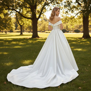 Off the Shoulder Satin A-line Ballgown Bridal Wedding Dress - Rosymae
