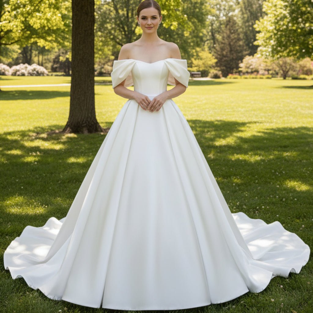 Off the Shoulder Satin A-line Ballgown Bridal Wedding Dress - Rosymae
