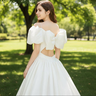 Off the Shoulder Satin A-line Wedding Dress with Spaghetti Straps - Rosymae