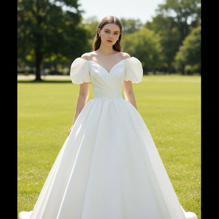 Off the Shoulder Satin A-line Wedding Dress with Spaghetti Straps - Rosymae