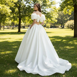 Off the Shoulder Satin A-line Wedding Dress with Spaghetti Straps - Rosymae