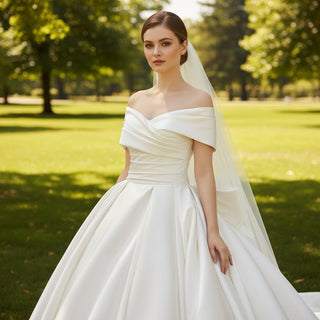 Off the Shoulder Satin Ball Gown Wedding Dress with Ruched - Rosymae