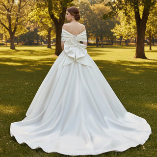 Off the Shoulder Satin Ball Gown Wedding Dress with Ruched - Rosymae