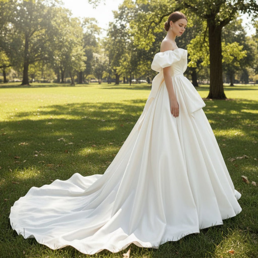 Off the Shoulder Satin Ballgown Wedding Dress with Ruffle - Rosymae