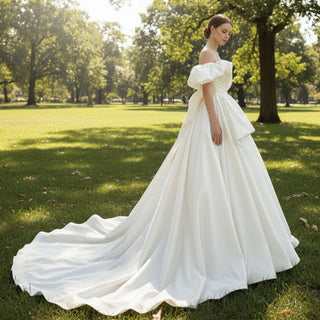 Off the Shoulder Satin Ballgown Wedding Dress with Ruffle - Rosymae
