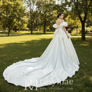 Off the Shoulder Satin Ballgown Wedding Dress with Ruffle - Rosymae