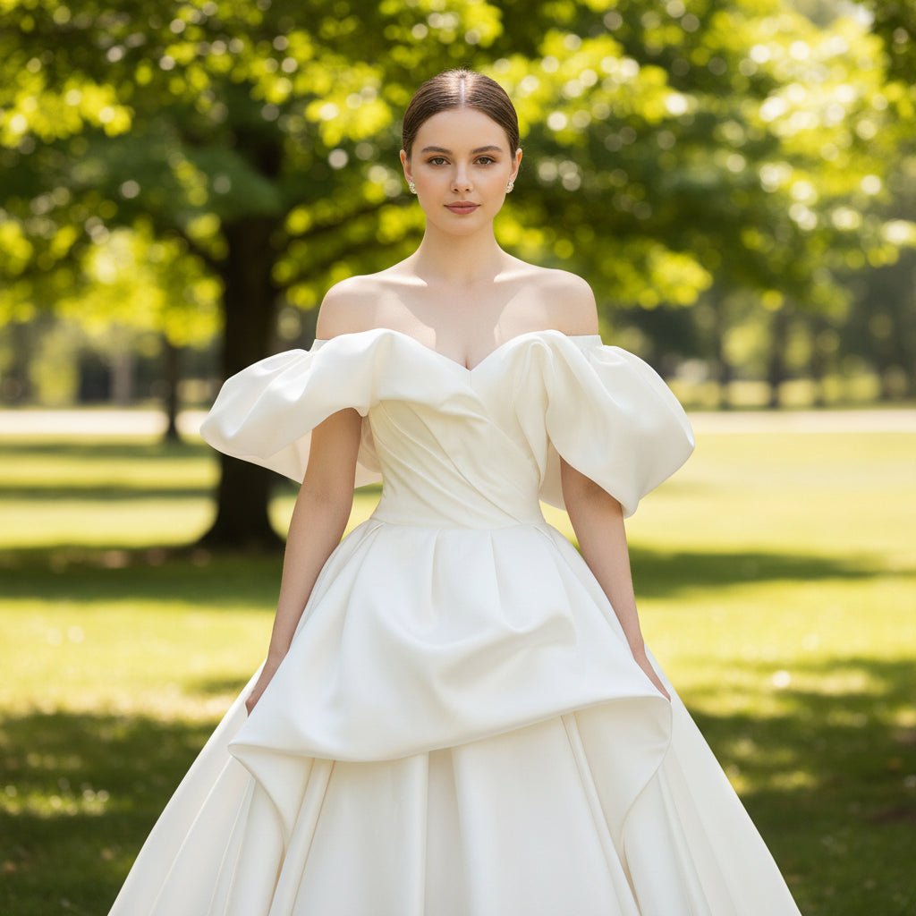 Off the Shoulder Satin Ballgown Wedding Dress with Ruffle - Rosymae
