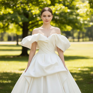 Off the Shoulder Satin Ballgown Wedding Dress with Ruffle - Rosymae