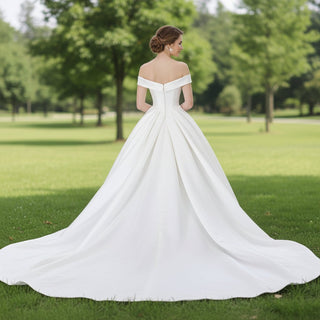 Off the Shoulder Satin Wedding Dress with Puffy Skirt and Big Train - Rosymae