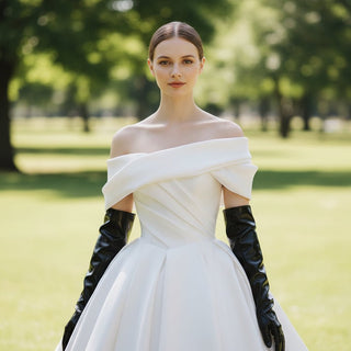 Off the Shoulder Satin Wedding Dress With Ruching Ball Gown Skirt - Rosymae