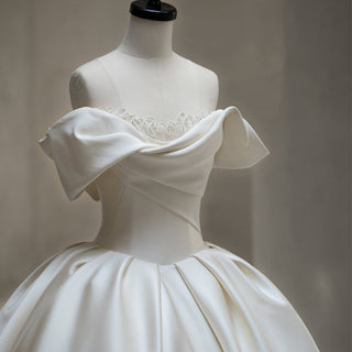 Off the Shoulder Satin Wedding Dresses Ball Gown with Sleeves - Rosymae