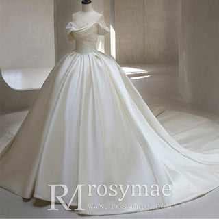 Off the Shoulder Satin Wedding Dresses Ball Gown with Sleeves - Rosymae