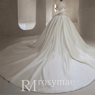 Off the Shoulder Satin Wedding Dresses Ball Gown with Sleeves - Rosymae