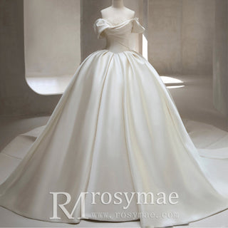 Off the Shoulder Satin Wedding Dresses Ball Gown with Sleeves - Rosymae
