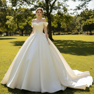 Off the Shoulder Satin Wedding Dresses Ball Gown with Sleeves - Rosymae