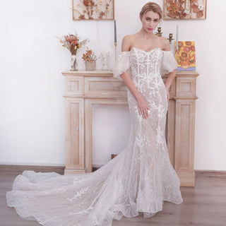 Off the Shoulder Sleeve Lace Mermaid Wedding Dress - Rosymae