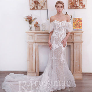 Off the Shoulder Sleeve Lace Mermaid Wedding Dress - Rosymae