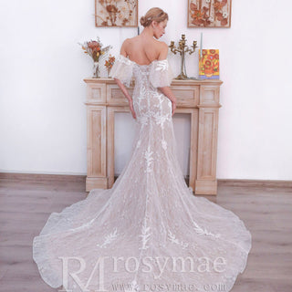 Off the Shoulder Sleeve Lace Mermaid Wedding Dress - Rosymae