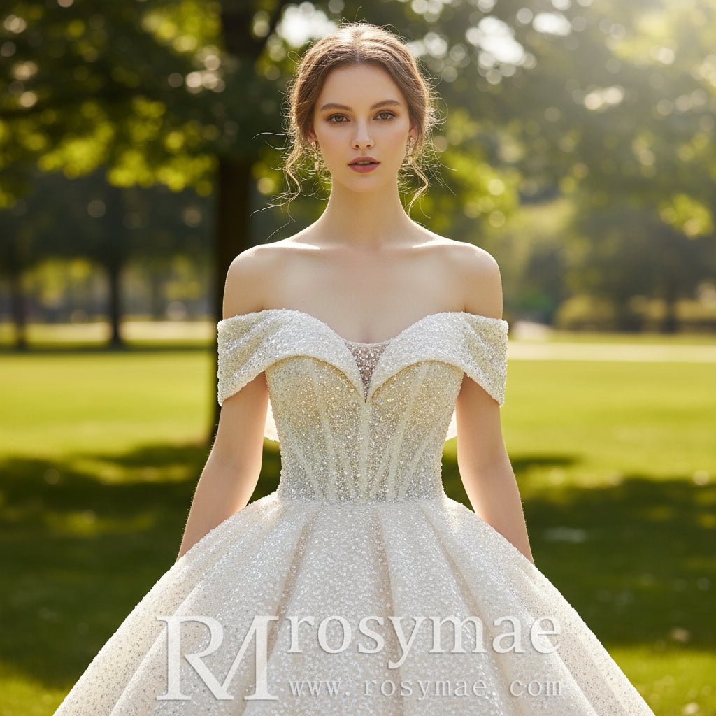 Off the Shoulder Sparkly Wedding Dress with A-Line Skirt - Rosymae