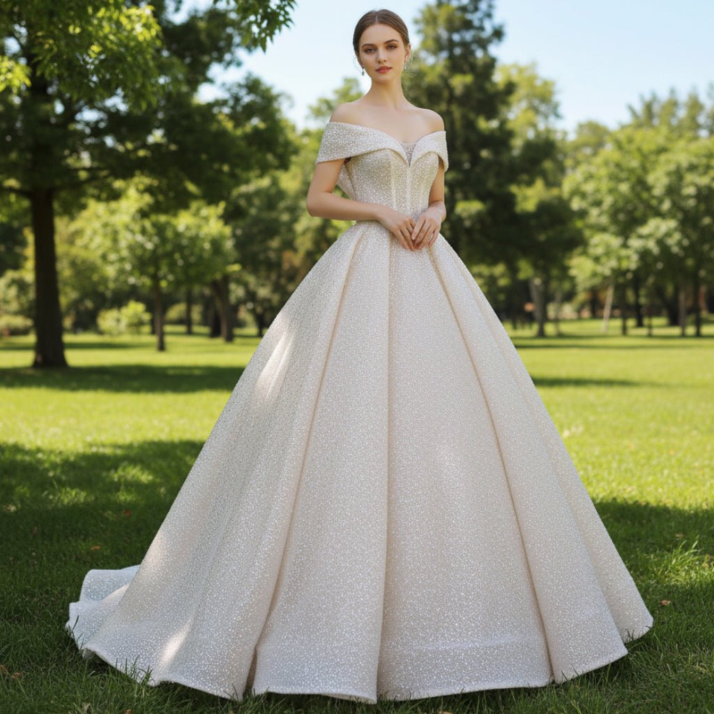 Off the Shoulder Sparkly Wedding Dress with A-Line Skirt - Rosymae
