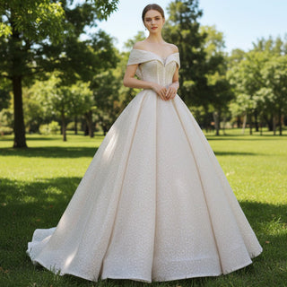 Off the Shoulder Sparkly Wedding Dress with A-Line Skirt - Rosymae