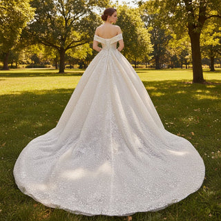 Off the Shoulder Sparkly Wedding Dress with A-Line Skirt - Rosymae