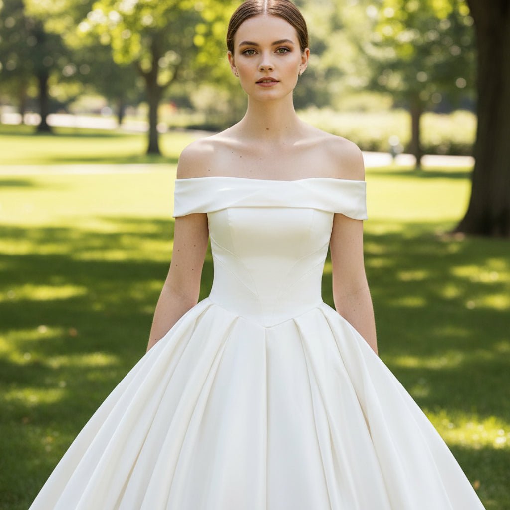 Off the Shoulder Straight Neck Wedding Dress with Puffy Skirt - Rosymae