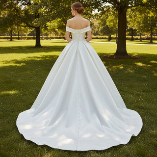Off the Shoulder Straight Neck Wedding Dress with Puffy Skirt - Rosymae