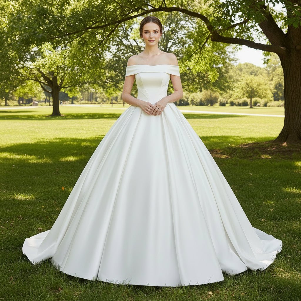 Off the Shoulder Straight Neck Wedding Dress with Puffy Skirt - Rosymae