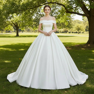 Off the Shoulder Straight Neck Wedding Dress with Puffy Skirt - Rosymae
