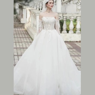 Elegant Off Shoulder Ballgown Straight Neck Wedding Dress