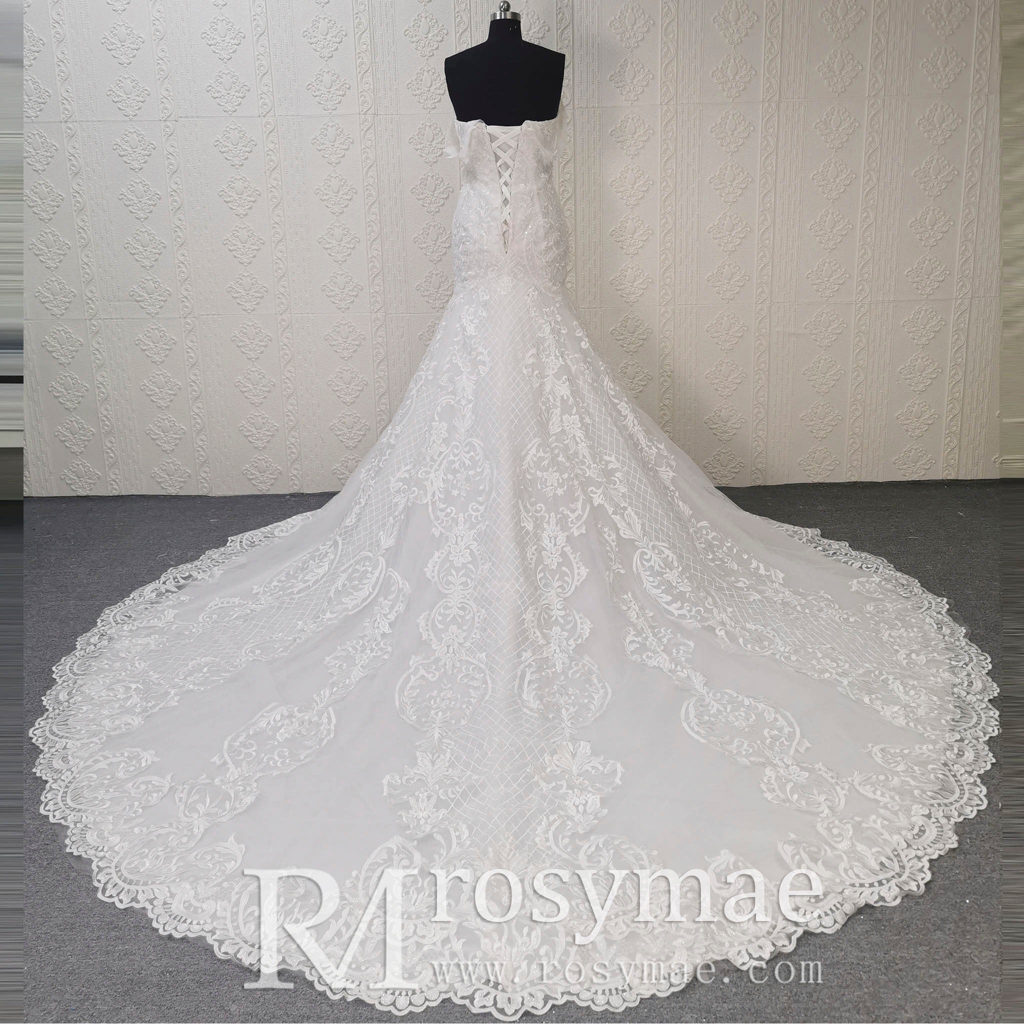 Off the Shoulder Sweetheart Trumpet Lace Wedding Dress - Rosymae