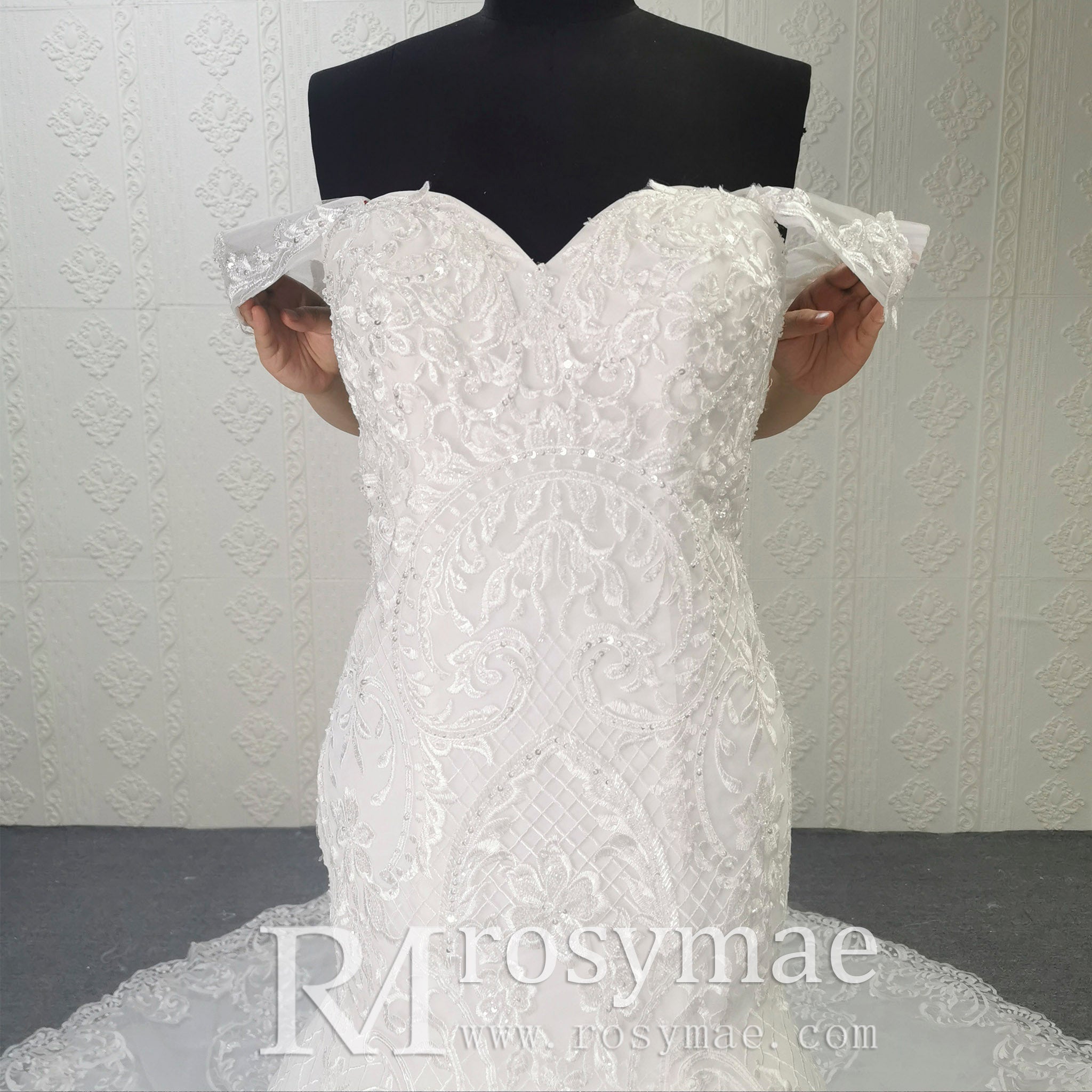 Off the Shoulder Sweetheart Trumpet Lace Wedding Dress - Rosymae