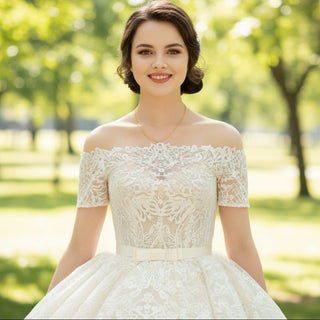 Off the Shoulder Tea Length Sheer Bodice Lace Wedding Dress - Rosymae