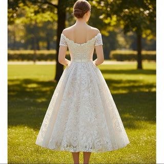 Off the Shoulder Tea Length Sheer Bodice Lace Wedding Dress - Rosymae