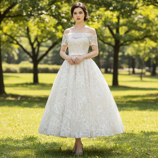 Off the Shoulder Tea Length Sheer Bodice Lace Wedding Dress White / 0